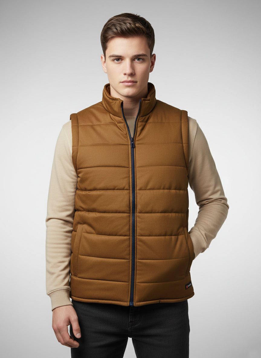 Stylish Puffer Sleeveless Zipper Mockneck Jacket For Men-Brown-BRPH17