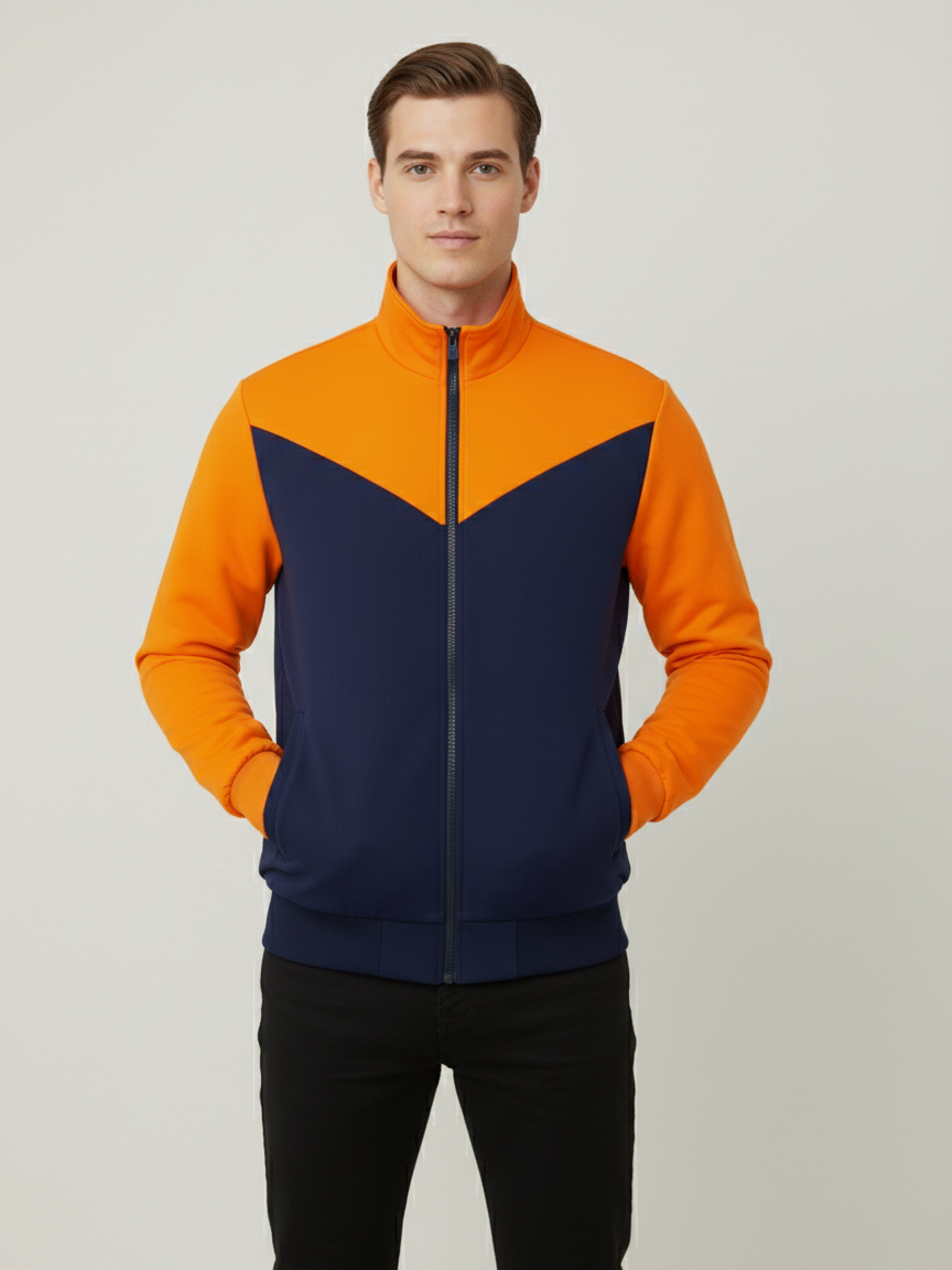 Stylish Winter Zipper Mockneck Jacket For Men-Orange & Dark Navy-BRPH25
