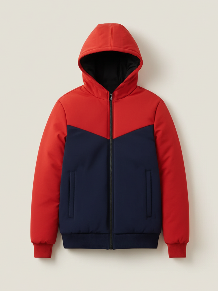 Stylish Zipper Puffer Jacket For Men-Red & Navy-BRPH04