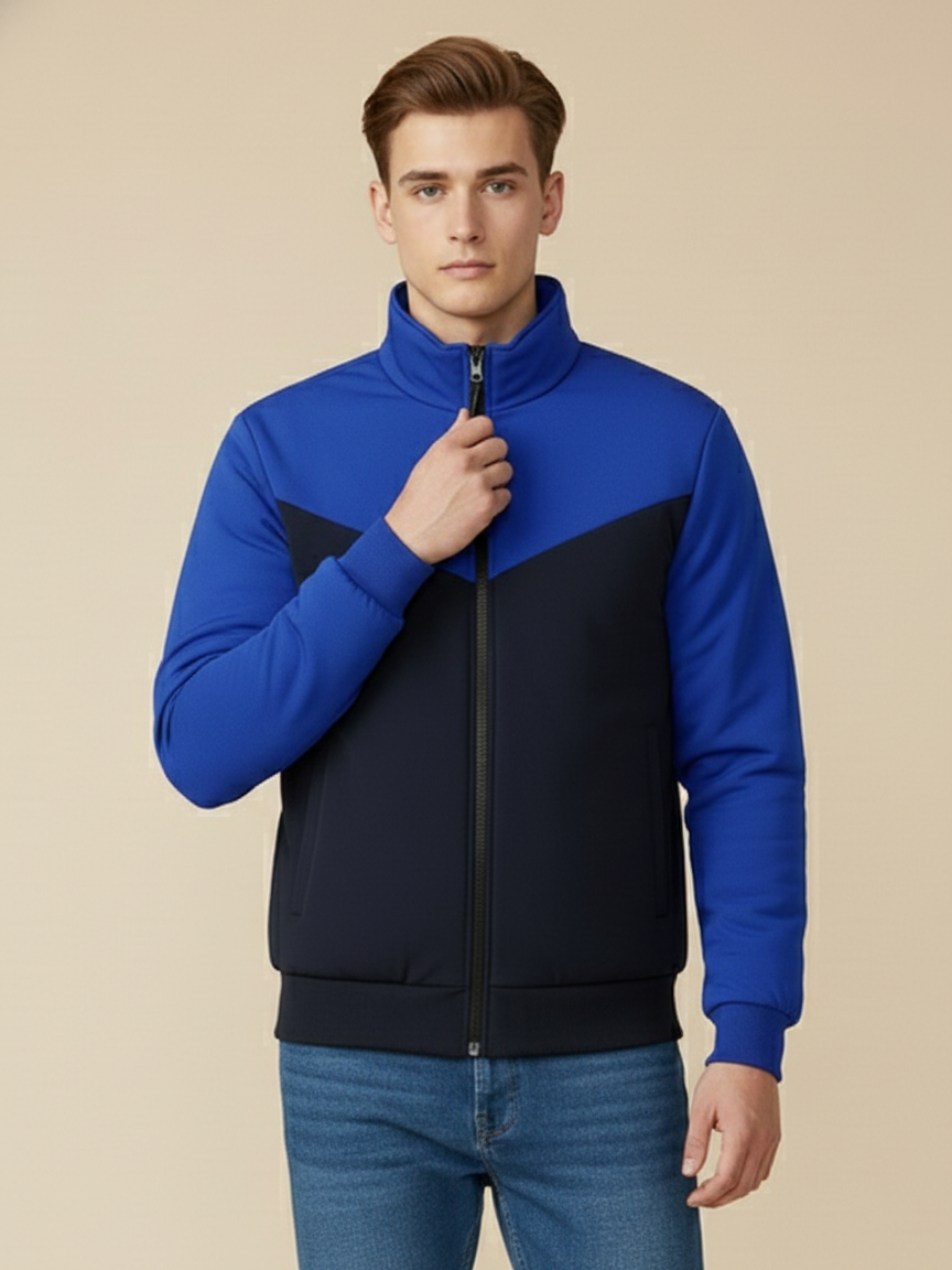 Stylish Winter Zipper Mockneck Jacket For Men-Royal Blue & Dark Navy-BRPH29