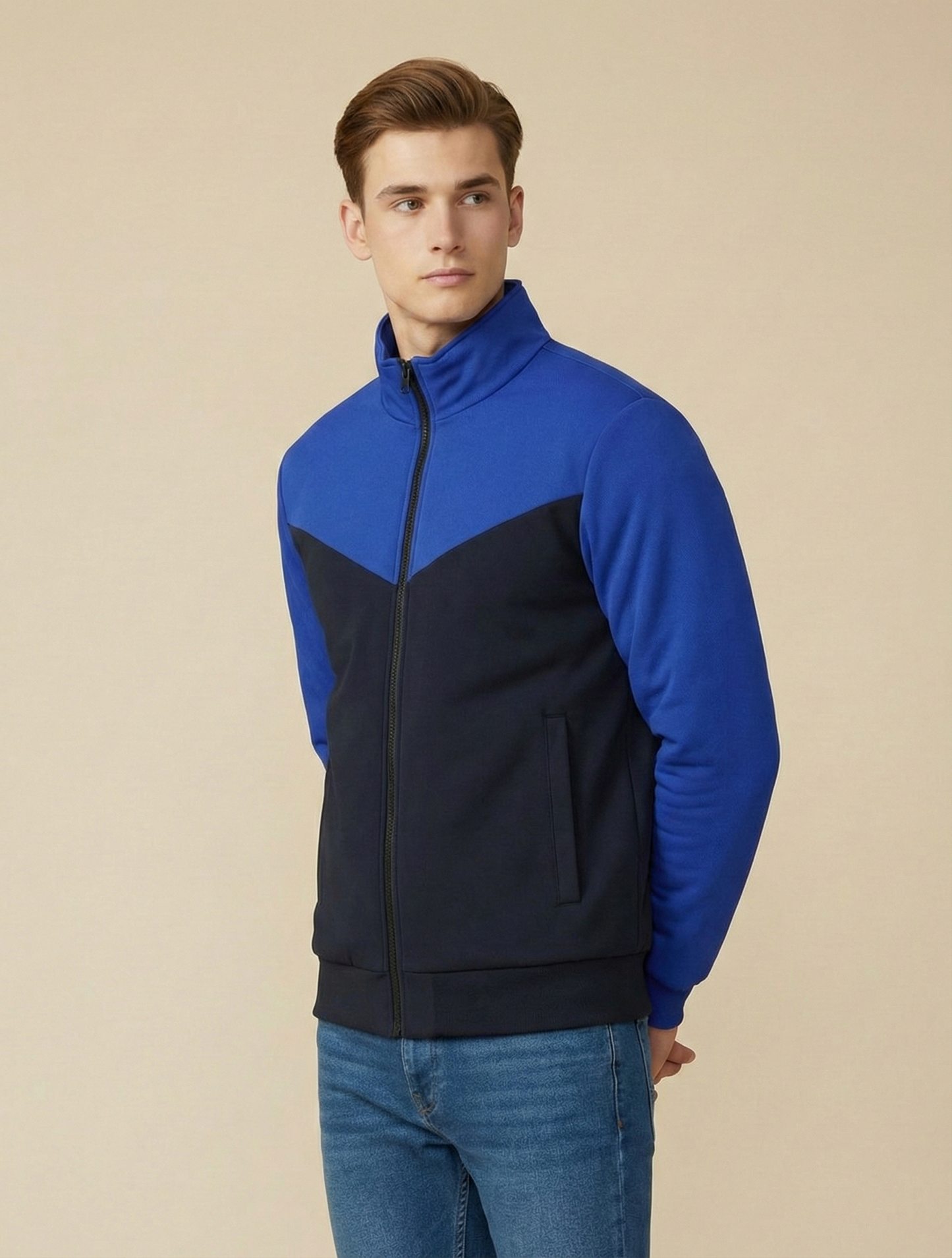 Stylish Winter Zipper Mockneck Jacket For Men-Royal Blue & Dark Navy-BRPH29
