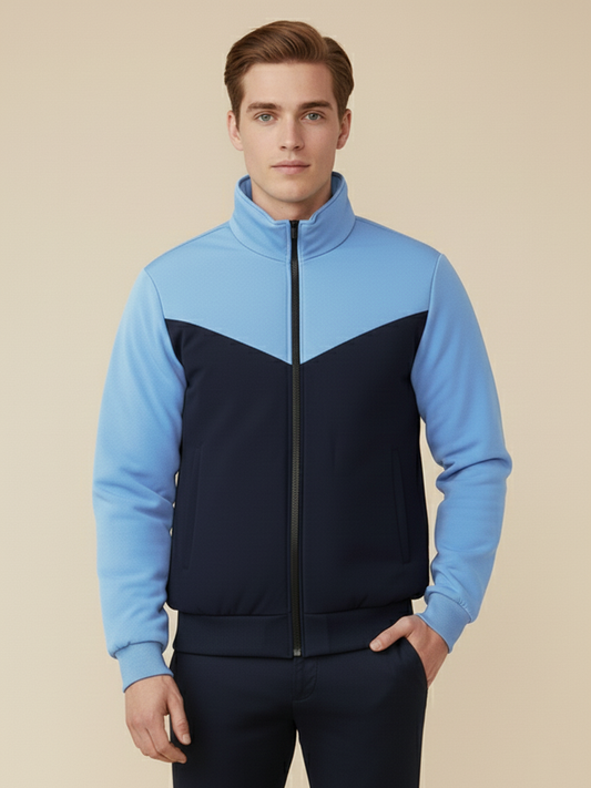 Stylish Winter Zipper Mockneck Jacket For Men-Light Sky & Dark Navy-BRPH31