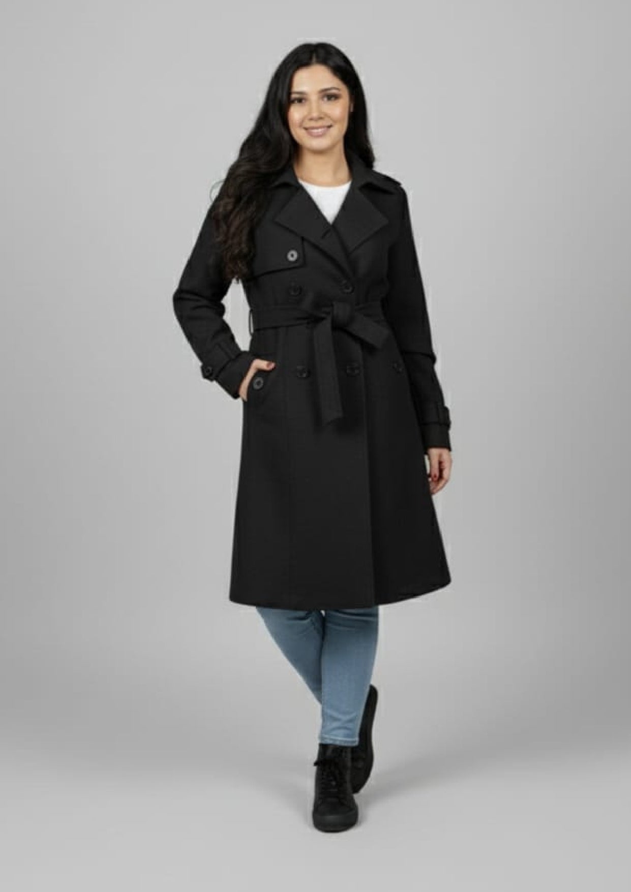 LV Stylish Long Trench Coat For Ladies Black - LV01