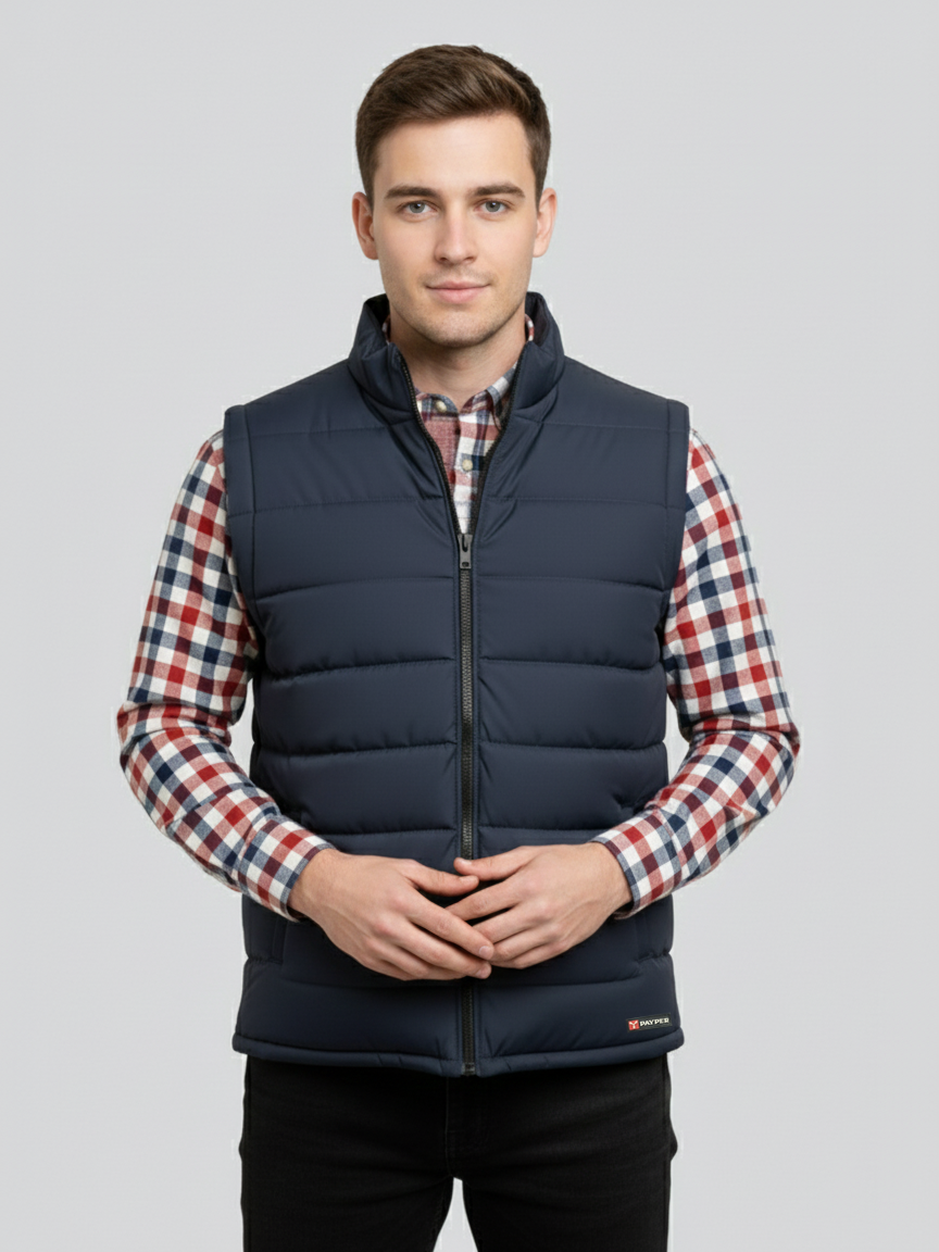 Stylish Winter Sleeveless Zipper Mockneck Jacket For Men-Dark Navy-BRPH39