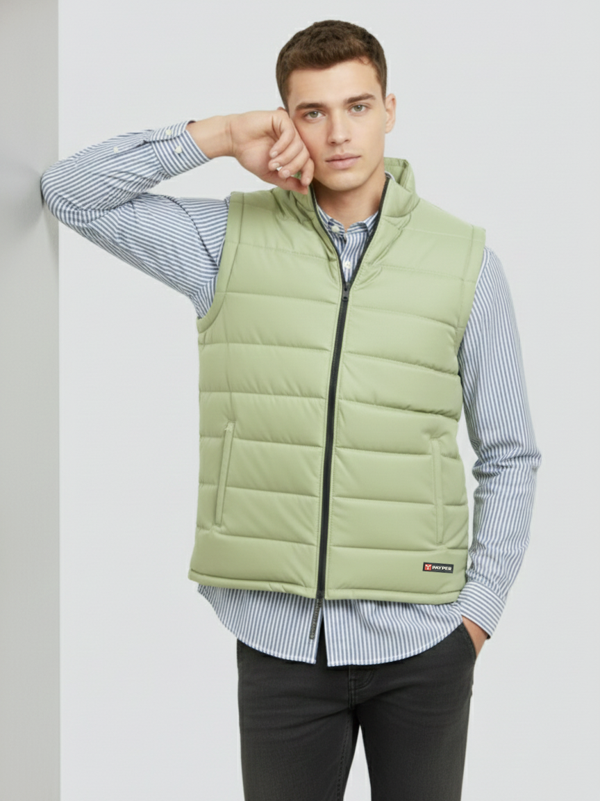 Stylish Winter Sleeveless Zipper Mockneck Jacket For Men-Light Sea Green-BRPH41