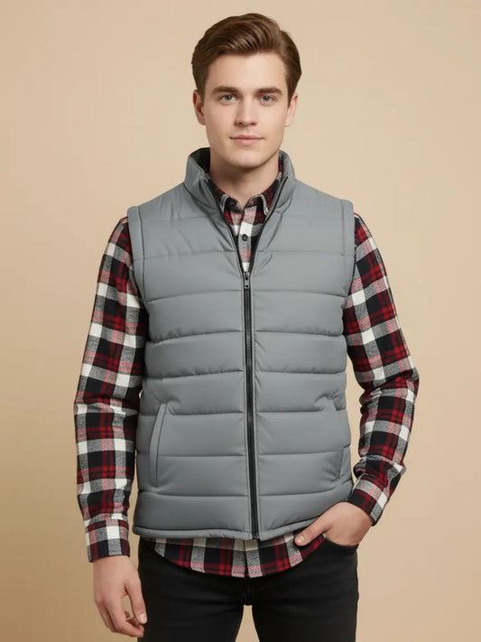 Stylish Puffer Sleeveless Zipper Mockneck Jacket For Men-Light Grey-BRPH28