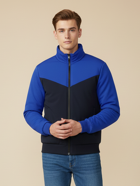 Stylish Winter Zipper Mockneck Jacket For Men-Royal Blue & Dark Navy-BRPH29