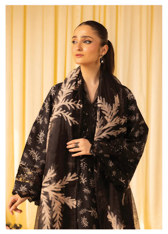 Winter 2025 Khaddar 3-Piece Suit – Black Embroidered Elegance with Organza Dupatta