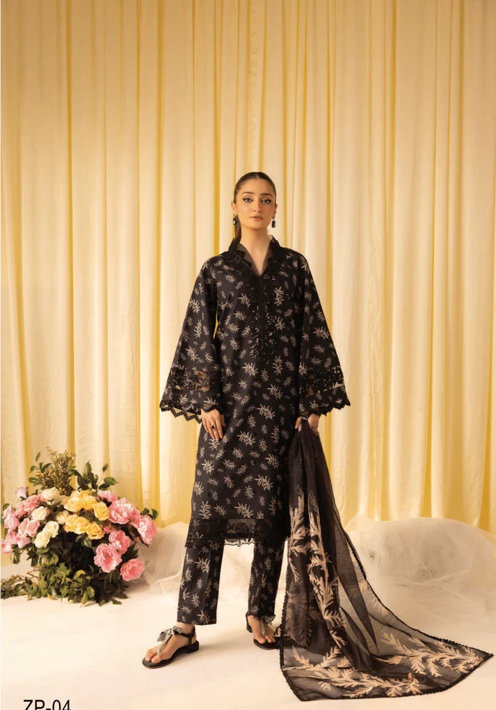 Winter 2025 Khaddar 3-Piece Suit – Black Embroidered Elegance with Organza Dupatta