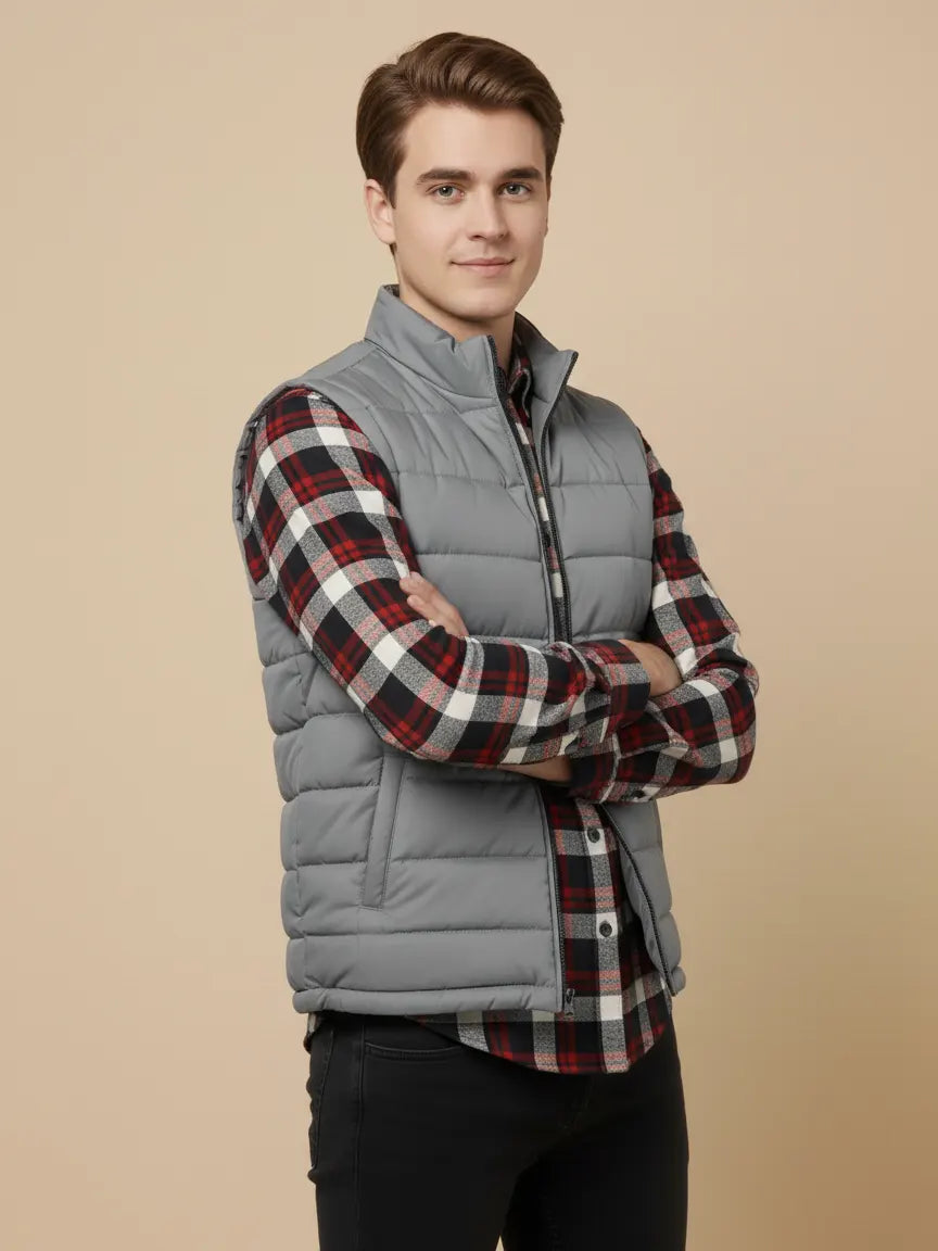 Stylish Puffer Sleeveless Zipper Mockneck Jacket For Men-Light Grey-BRPH28