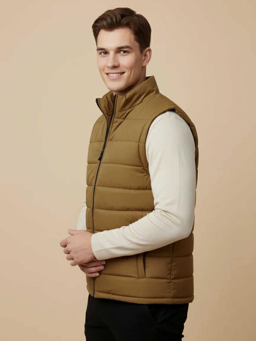 Stylish Puffer Sleeveless Zipper Mockneck Jacket For Men-Light Brown-BRPH24