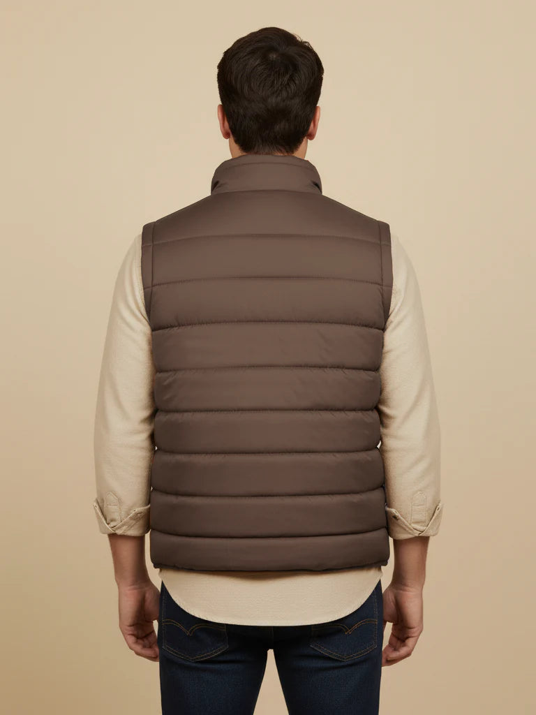 Stylish Puffer Sleeveless Zipper Mockneck Jacket For Men-Chocolate-BRPH23