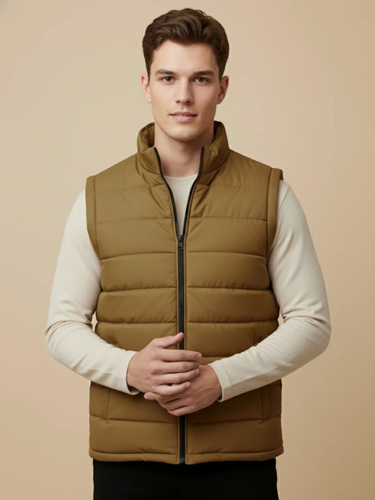 Stylish Puffer Sleeveless Zipper Mockneck Jacket For Men-Light Brown-BRPH24