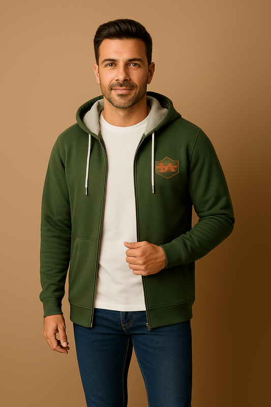 Men's Forest Green Zip-Up Hoodie – Classic Fit with Embroidered Logo