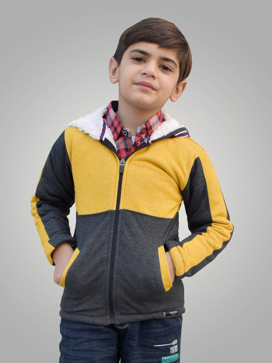 Mango Stylish Inner Fur Zipper Hoodie For Kids-Yellow Melange & Charcoal Melange-BR944