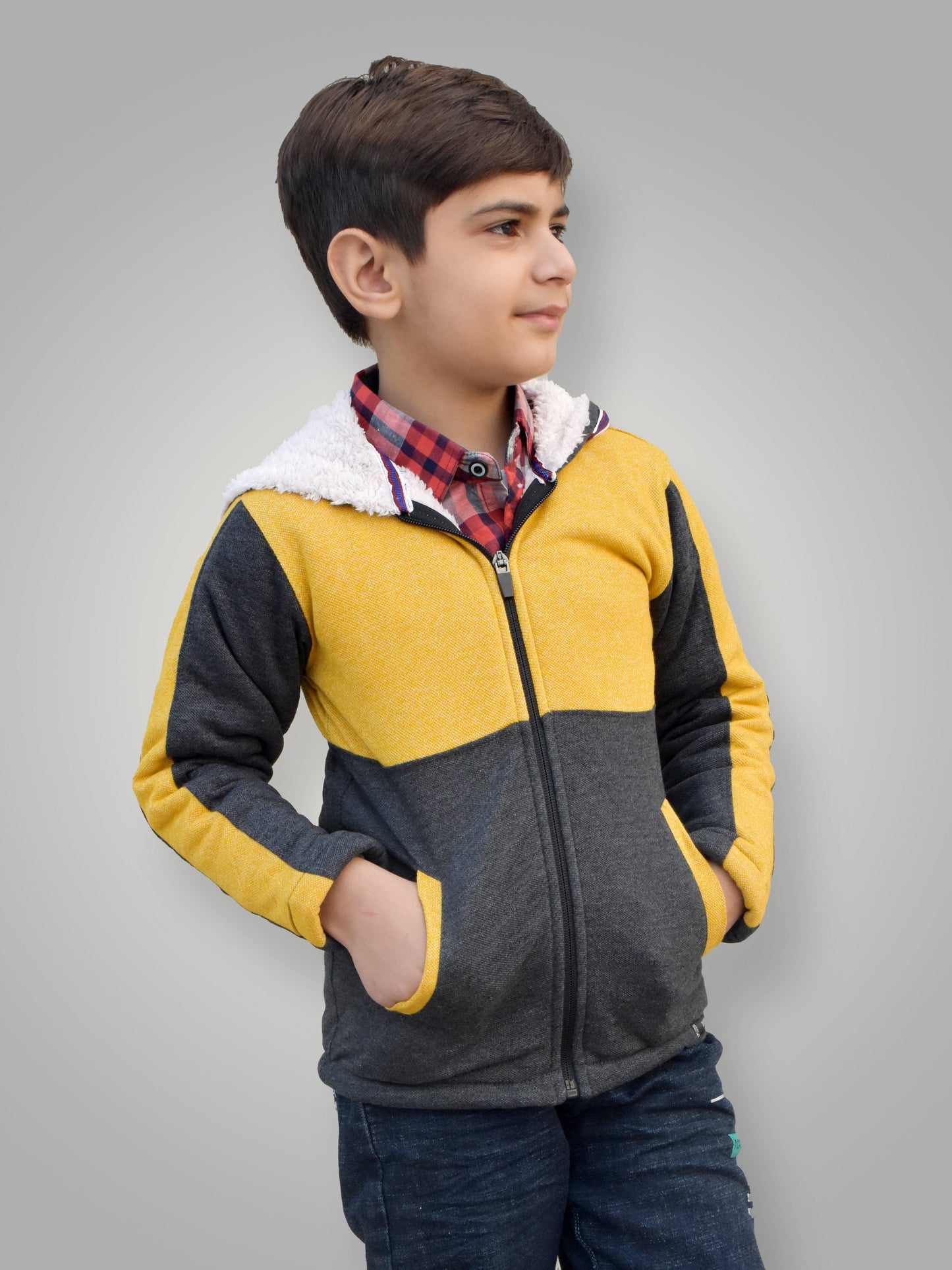 Mango Stylish Inner Fur Zipper Hoodie For Kids-Yellow Melange & Charcoal Melange-BE135/BR944