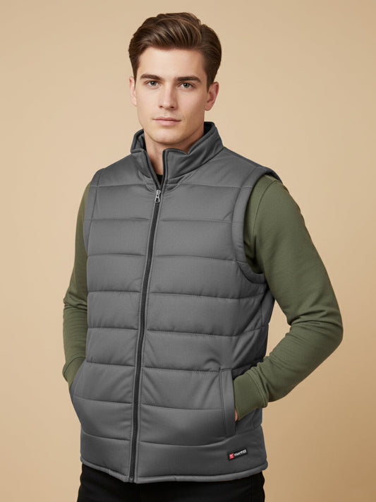 Stylish Puffer Sleeveless Zipper Mockneck Jacket For Men-Dark Grey-BRPH18