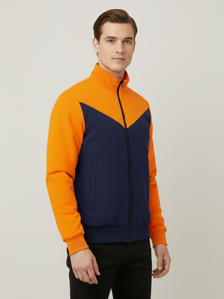 Stylish Winter Zipper Mockneck Jacket For Men-Orange & Dark Navy-BRPH25