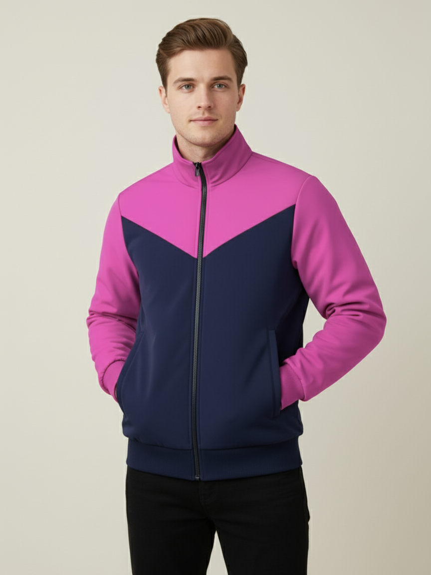 Stylish Winter Zipper Mockneck Jacket For Men-Pink & Dark Navy-BRPH26