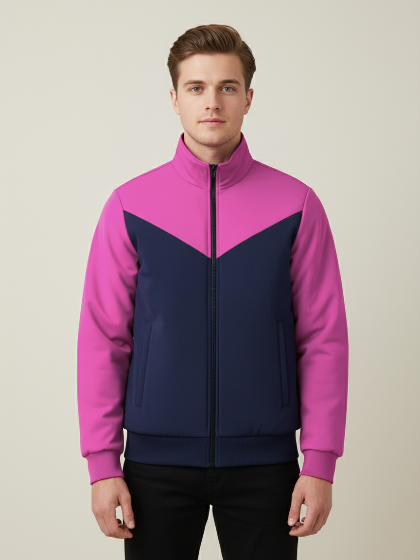 Stylish Winter Zipper Mockneck Jacket For Men-Pink & Dark Navy-BRPH26