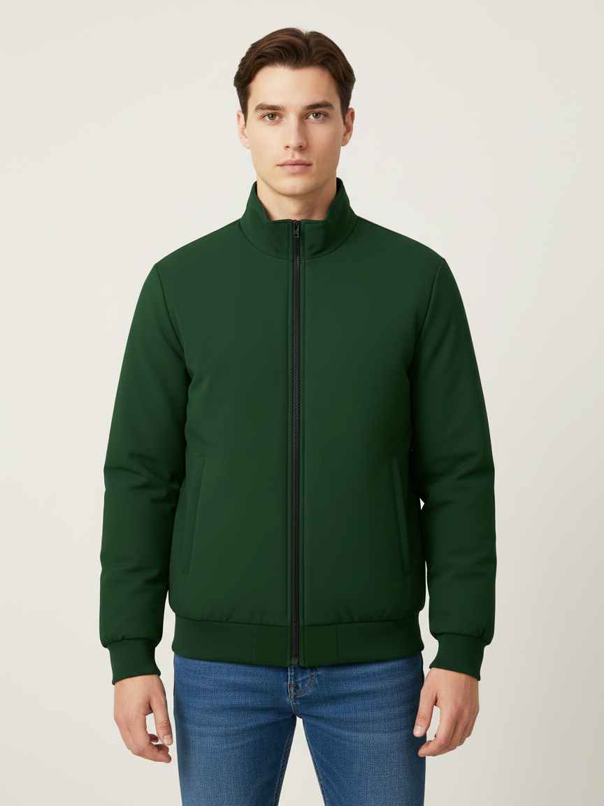 Stylish Puffer Zipper Mockneck Jacket For Men-Bottle Green-BRPH14