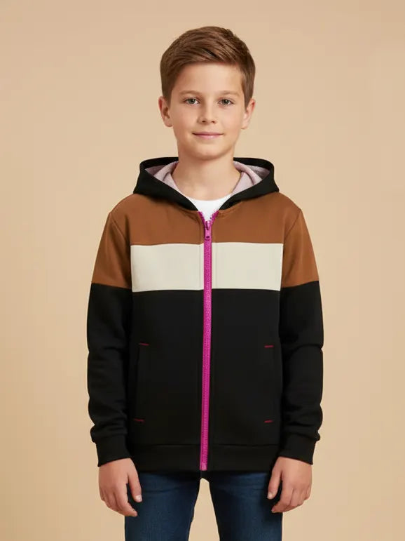 NXT Inner Fur Hood Fleece Full Zipper Hoodie For Kids-Black with Brown & Cream Panels-BE2461/BR14488