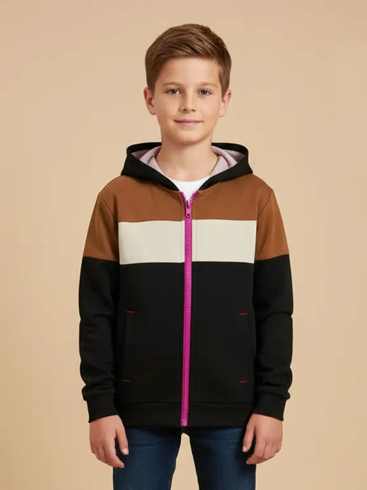 NXT Inner Fur Hood Fleece Full Zipper Hoodie For Kids-Black with Brown & Cream Panels-BE2461/BR14488