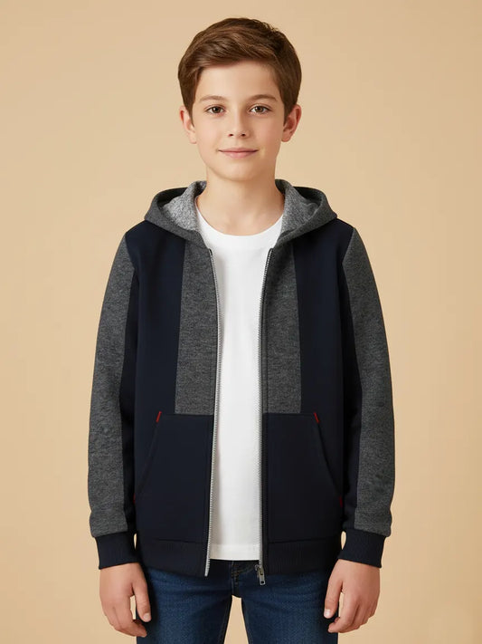NXT Inner Fur Hood Fleece Full Zipper Hoodie For Kids-Dark Navy with Charcoal Melange Panels-BE2555/BR14526