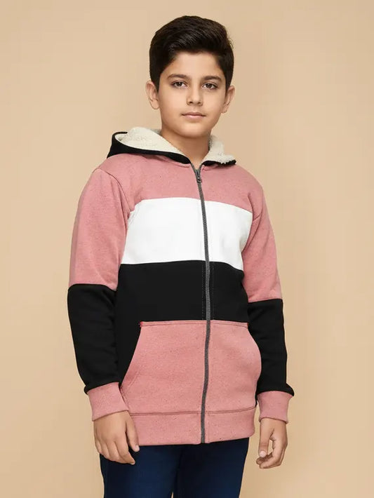 NXT Inner Hood Fur Fleece Full Zipper Hoodie For Kids-Pink with Black-BR14424