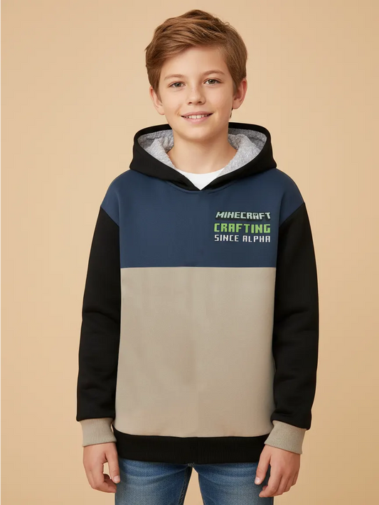 NXT Inner Hood Fur Fleece Pullover Hoodie For Kids-Wheat with Black & Blue Panels-BE2423/BR14481