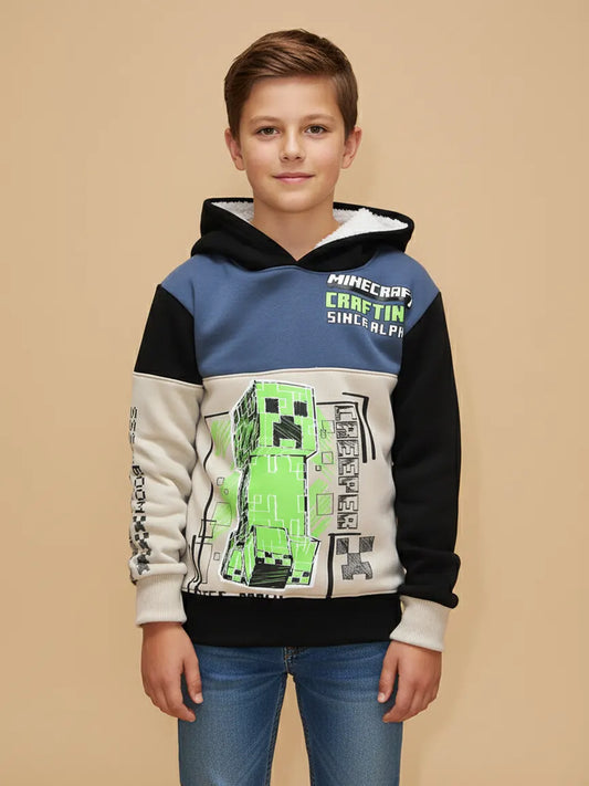 NXT Inner Hood Fur Fleece Pullover Hoodie For Kids-Wheat with Black & Blue Panels-BE2422/BR14480