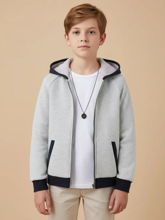 NXT Inner Hood Fur Fleece Full Zipper Hoodie For Kids-Grey Melange with Navy Panels-BE2403/BR14475