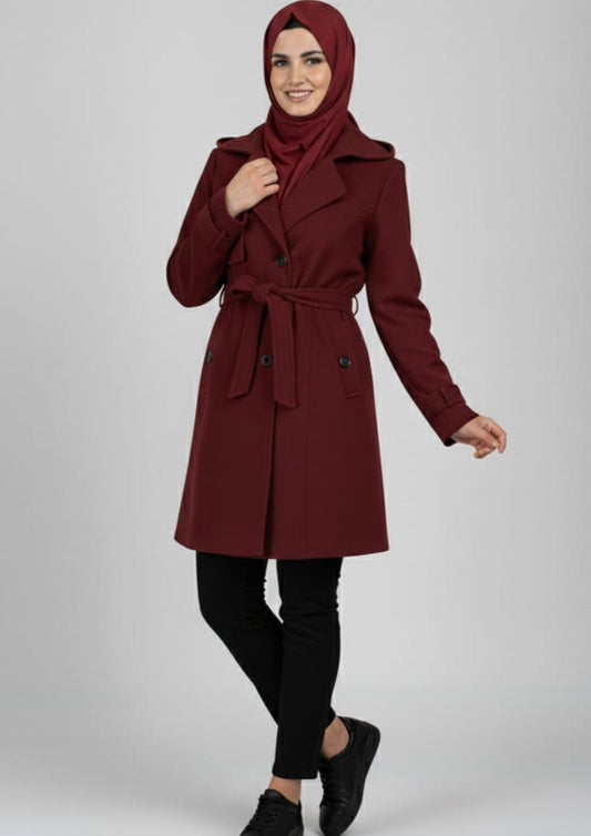 LV Stylish Long Trench Coat For Ladies Mehroon - LV04