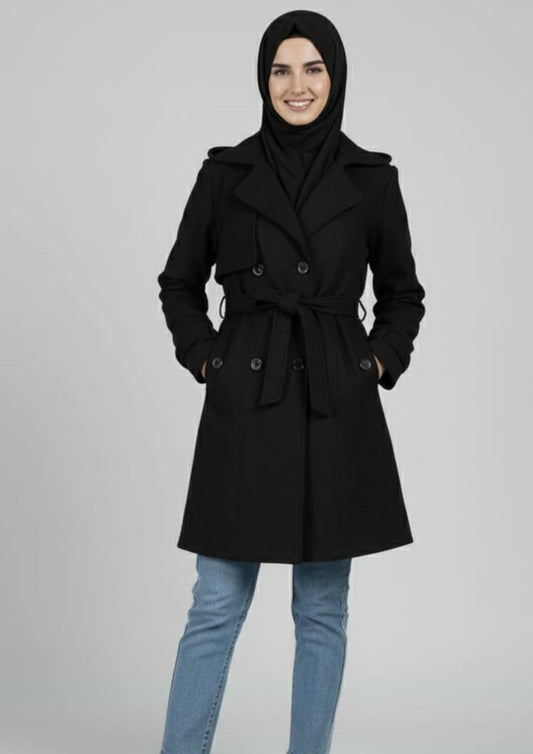LV Stylish Long Trench Coat For Ladies Black - LV01