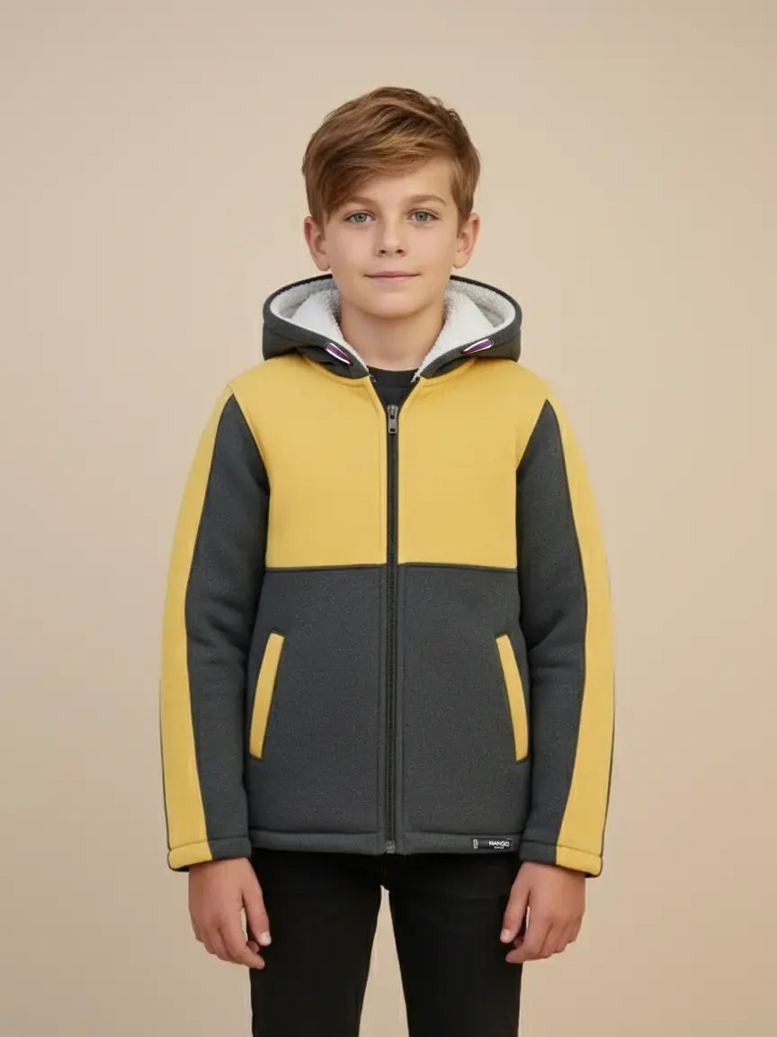 Mango Stylish Inner Fur Zipper Hoodie For Kids-Yellow Melange & Charcoal Melange-BE135/BR944