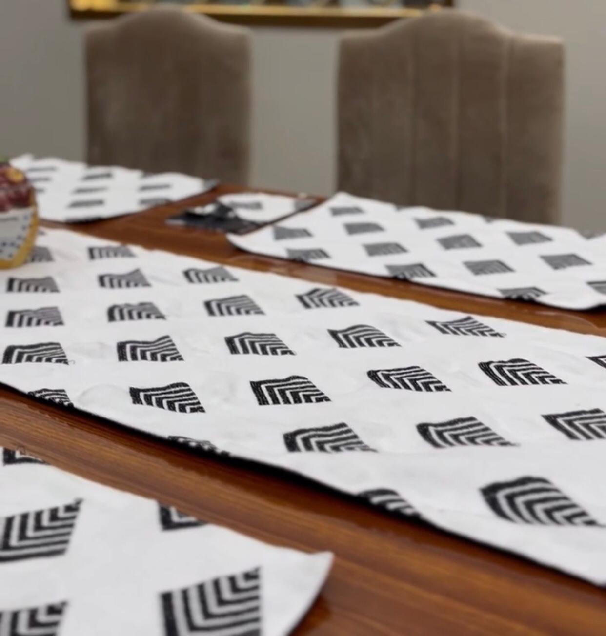 Classic Black & White Table Runner With Mates And Cutlery Holders