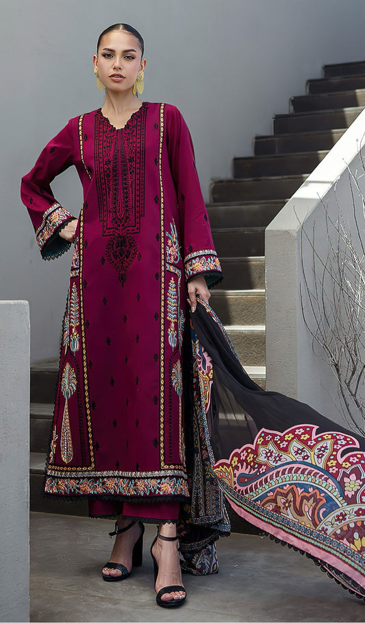 Dhanak Winter 2025 Hot Collection – Embroidered 3-Piece Suit with Printed Shawl