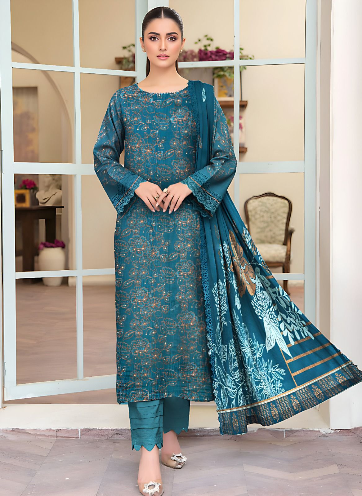 Mah Paara – Design 02 | 3-Piece Embroidered Slub Viscose Suit with Jacquard Shawl