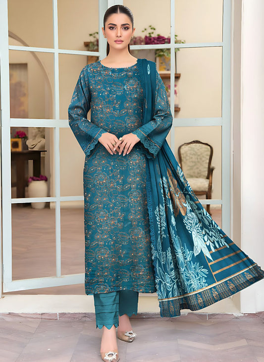 Mah Paara – Design 02 | 3-Piece Embroidered Slub Viscose Suit with Jacquard Shawl