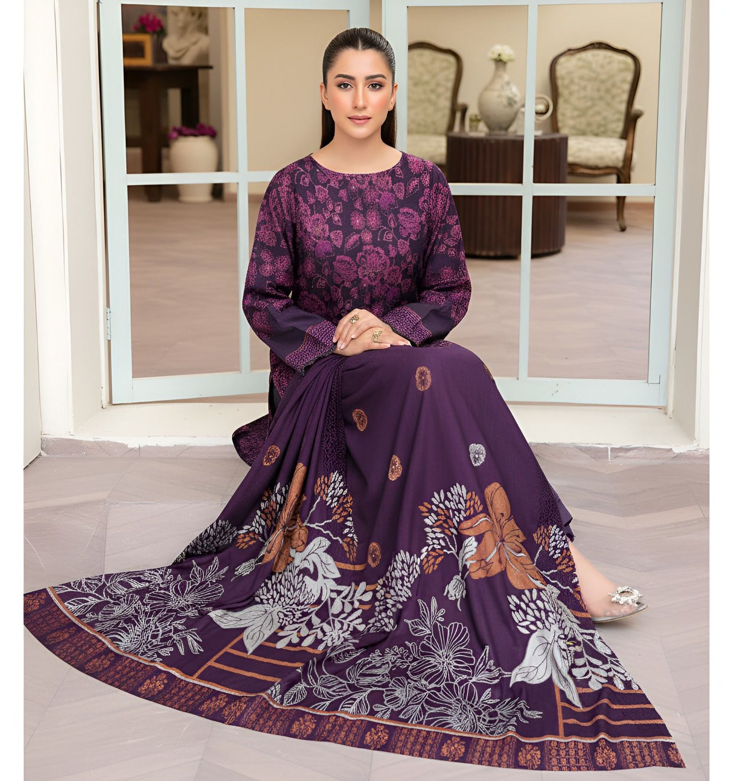 Mah Paara – Design 03 | 3-Piece Embroidered Slub Viscose Suit with Jacquard Shawl