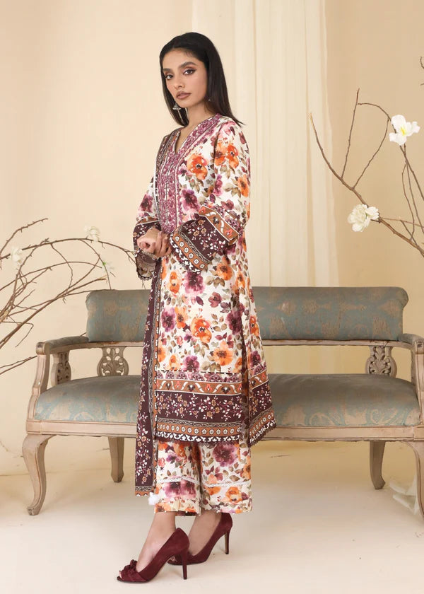 Winter 2025 Khaddar 3-Piece Suit – Digital Floral Print with Slub Dupatta
